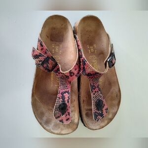 Birkenstock Papillo Snakeskin Style Leather Thong Sandals Pink Black Size 37